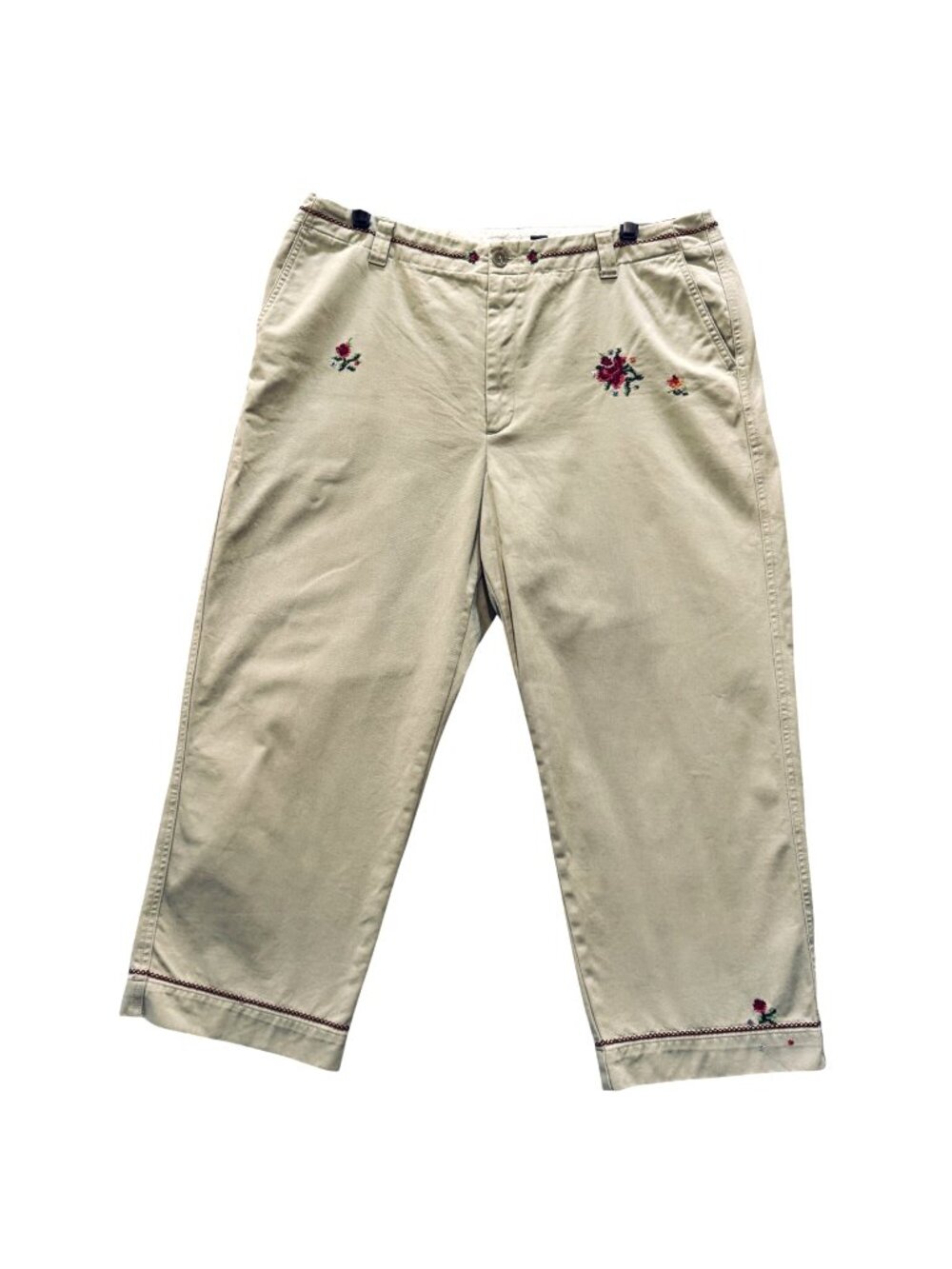 Vintage 90s Gap Clean Cut Khaki Capris Size 16 Chinos Embroidered Floral Artsy - Picture 1 of 13